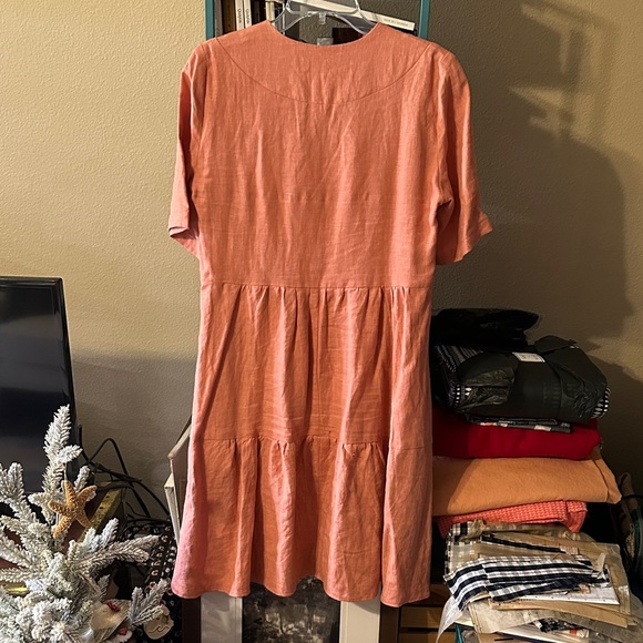 Babydoll Linen Coral Dress with Pockets - Picture 3 of 5